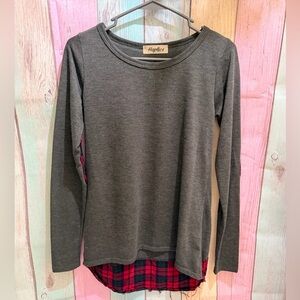 Haptics Gray Long Sleeve Top with Red Plaid Detail
